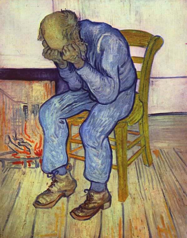 At Eternity's Gate by Vincent van Gogh. Location: Kröller-Müller Museum. Created: May 1890. Van Gogh's depression art vividly shows his inner struggles using intense and expressive brushstrokes.