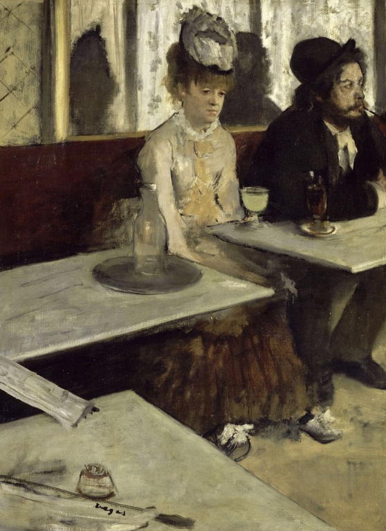 L'Absinthe by Edgar Degas. Year: 1875–76 Location: Musée d'Orsay, Paris. Degas' depression art expresses deep sadness with its somber tones and introspective portrayal, reflecting the artist's emotional experiences.